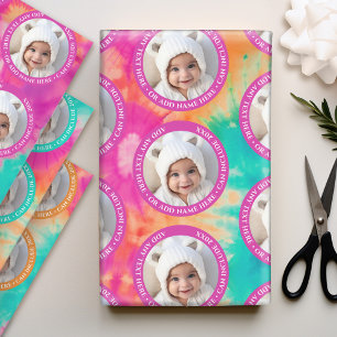 Tie Dye - 1 Photo - Custom Text - Hot Pink Teal Wrapping Paper Sheet