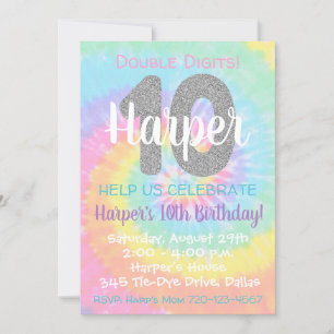 Tie Dye Birthday Invitation 10th Birthday