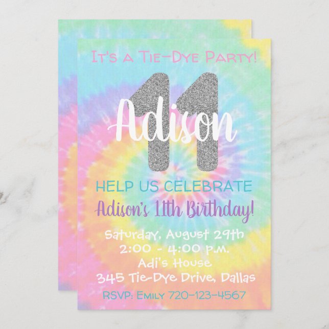 Tie Dye Birthday Invitation 11th Birthday (Front/Back)