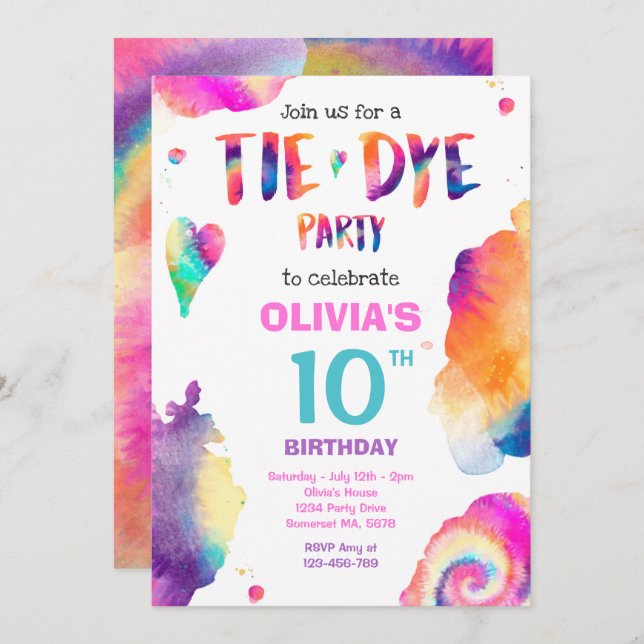 Tie Dye Birthday Party Bright Tie Dye Hippy Party Invitation (Front/Back)