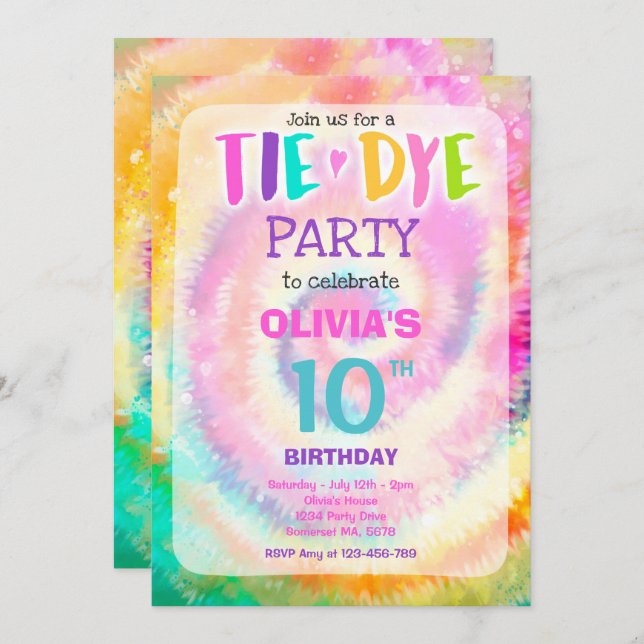 Tie Dye Birthday Party Bright Tie Dye Hippy Party Invitation (Front/Back)
