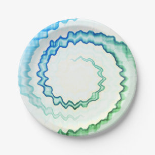 Tie dye blue green white swirl pattern party paper plate