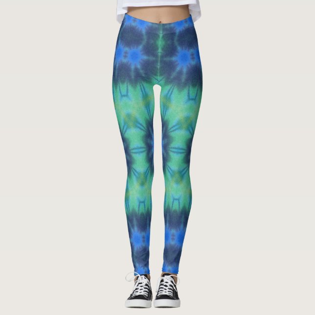 Tie Dye Blue Green Yoga Gym Exercise Leggings (Front)