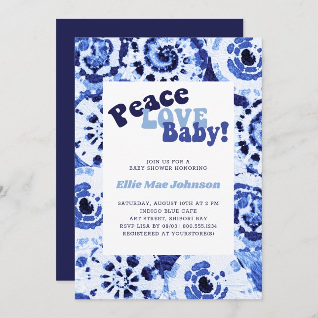 Tie Dye Blue Shibori Peace Love Baby Shower Invitation (Front/Back)