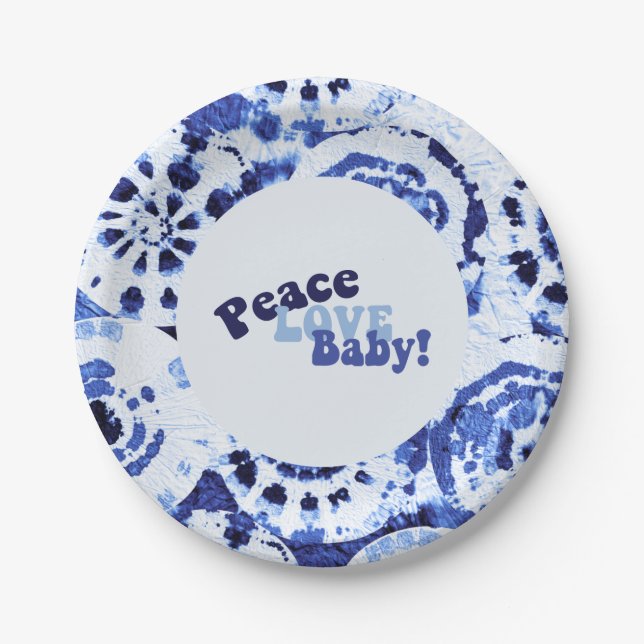Tie Dye Blue Shibori Peace Love Baby Shower Paper Plate (Front)