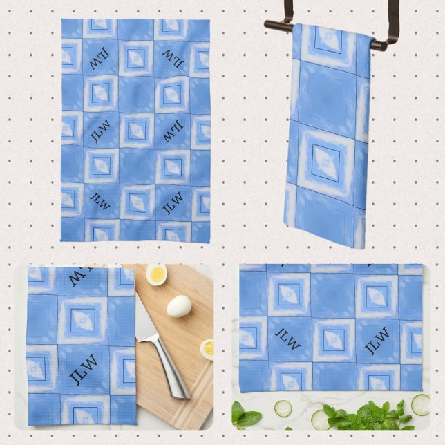 Tie Dye Boho Chic Blue and White Chequered Tea Towel (Creator Uploaded)