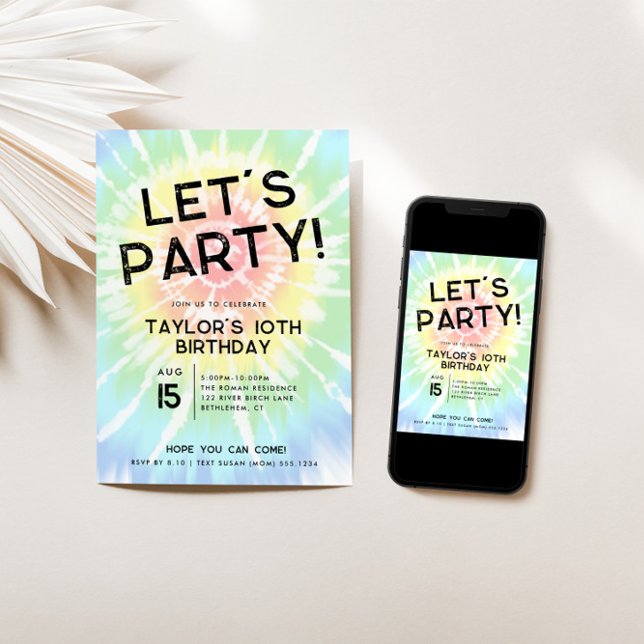 Tie Dye, Bold Let's Party Any Age Birthday Invitation (Creator Uploaded)