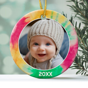 Tie Dye Border with Photo and Year - Red Green Ceramic Ornament