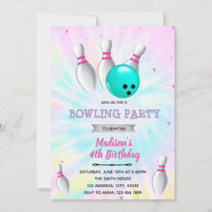 Tie dye bowling party invitation