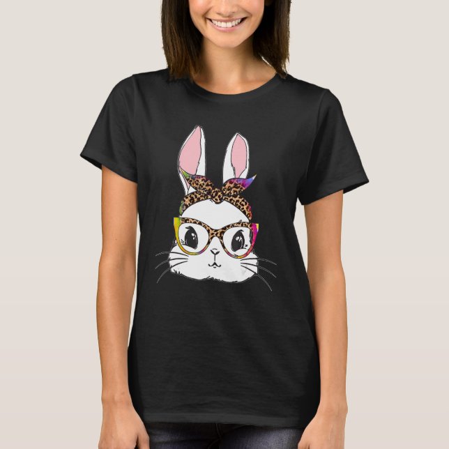 Tie Dye Bunny Face Leopard Glasses Headband Happy  T-Shirt (Front)