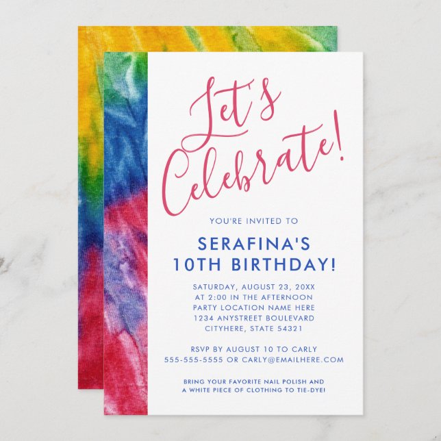 Tie Dye Colourful Red Blue Yellow Any Age Birthday Invitation (Front/Back)