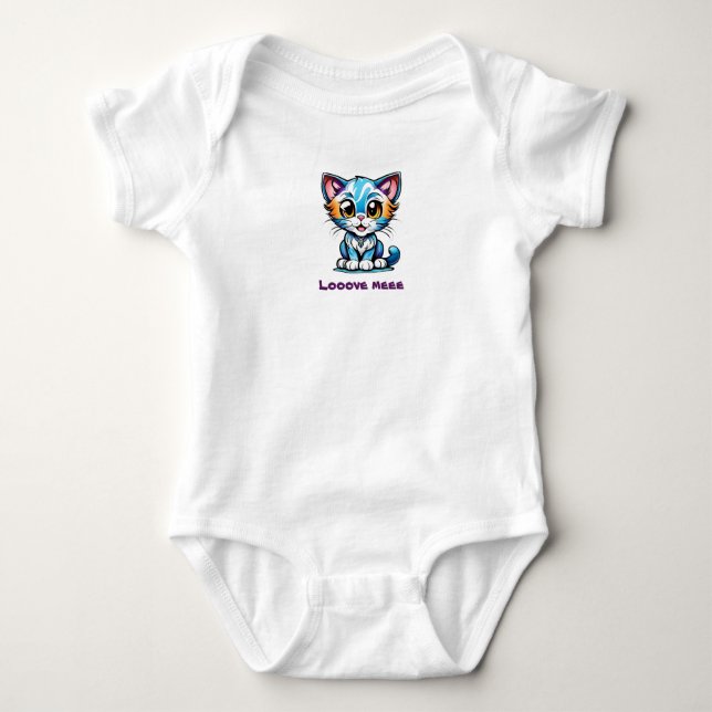 Tie Dye Fun Cartoon Kitty Cat Says Love Me Baby Bodysuit (Front)