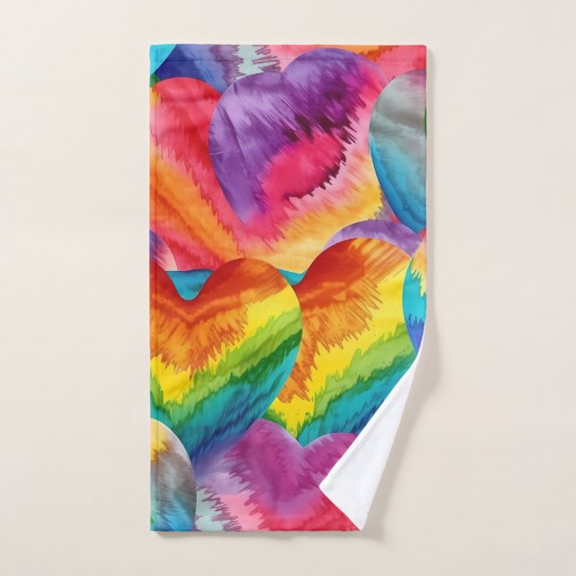 Tie Dye Groovy Hearts Colourful Orange, Red, Green Hand Towel (Hand Towel)