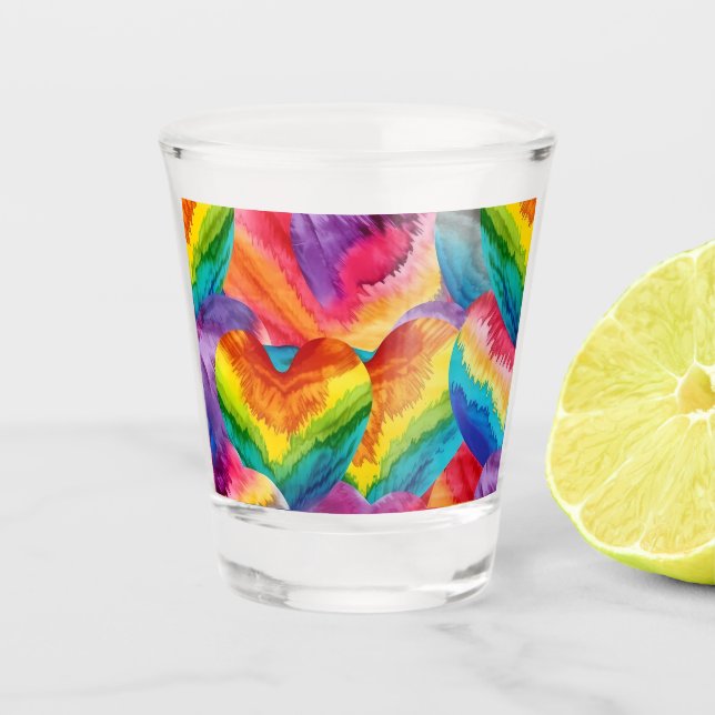 Tie Dye Groovy Hearts Colourful Orange, Red, Green Shot Glass (Front)
