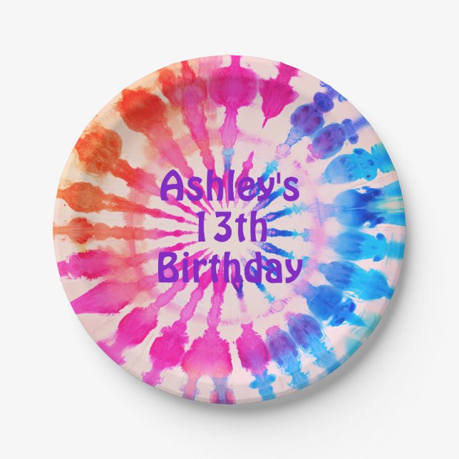 Tie Dye Groovy Hippie Bold Colourful Birthday Paper Plate (Front)