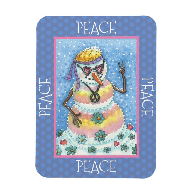 TIE DYE GROOVY SNOWMAN, PEACE ON EARTH CHRISTMAS MAGNET (Vertical)
