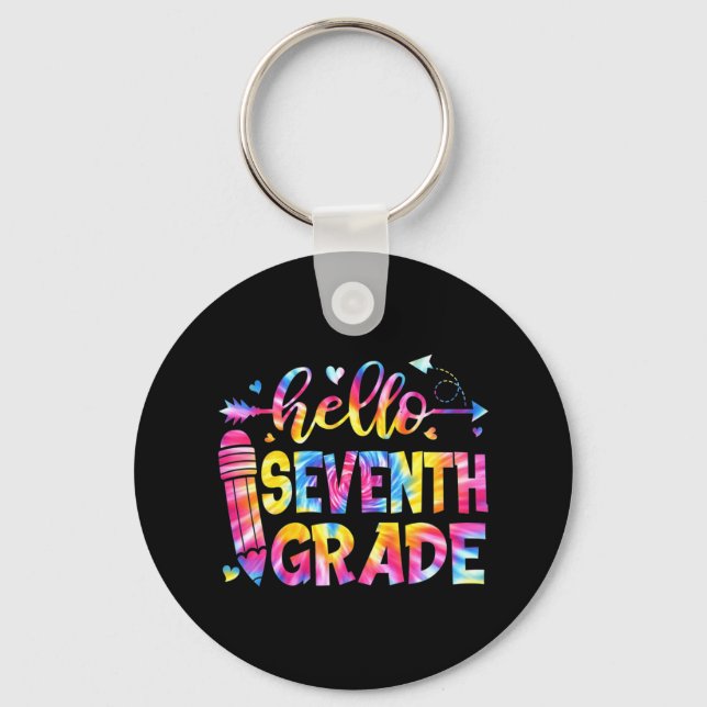 Tie Dye Hello Seventh Grade Teacher Student Back T Key Ring (Front)