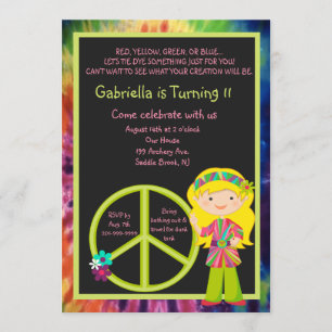 Tie Dye Hippie Girl & Peace Sign Birthday Invite