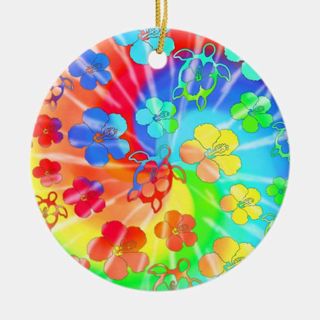 Tie Dye Honu And Hibiscus Ceramic Ornament (Front)