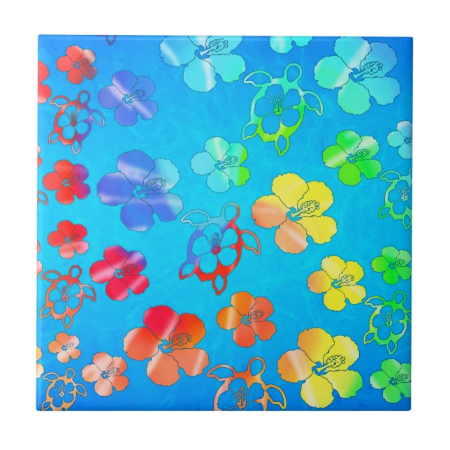 Tie Dye Honu And Hibiscus Ceramic Tile (Front)