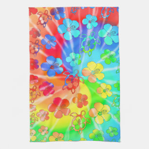 Tie Dye Honu And Hibiscus Tea Towel
