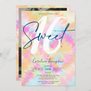 Tie dye Ikat rainbow pastel font photo Sweet 16 Invitation