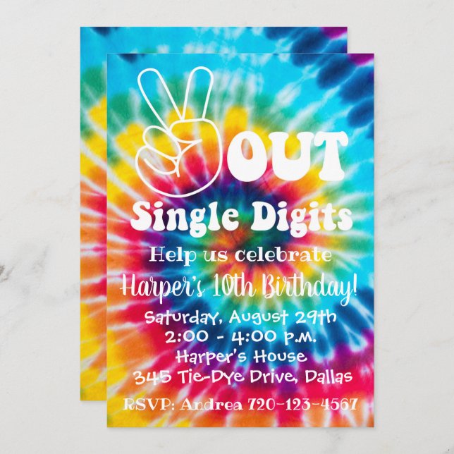 Tie Dye Invitation 10th Birthday Peace Out (Front/Back)