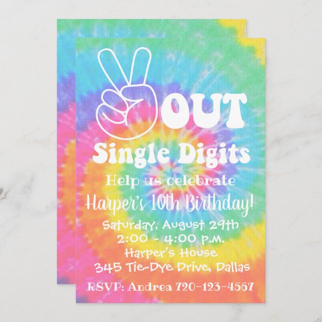 Tie Dye Invitation 10th Birthday Peace Out (Front/Back)