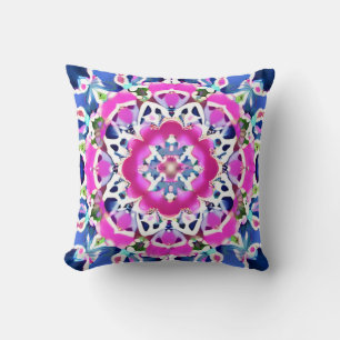Tie Dye Mandala Pattern Denim Blue and Pink  Cushion
