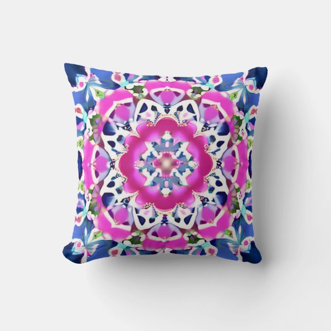 Tie Dye Mandala Pattern Denim Blue and Pink  Cushion (Front)