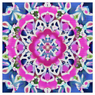 Tie Dye Mandala Pattern Denim Blue and Pink Fabric