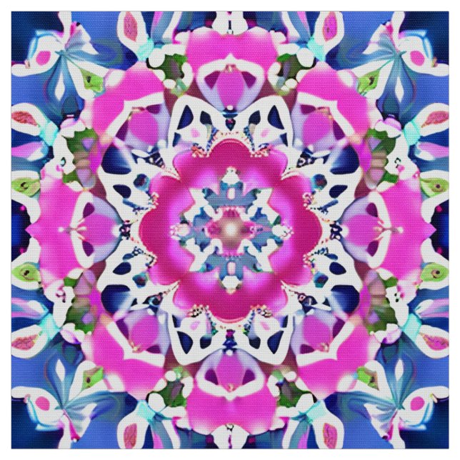 Tie Dye Mandala Pattern Denim Blue and Pink Fabric (Swatch)