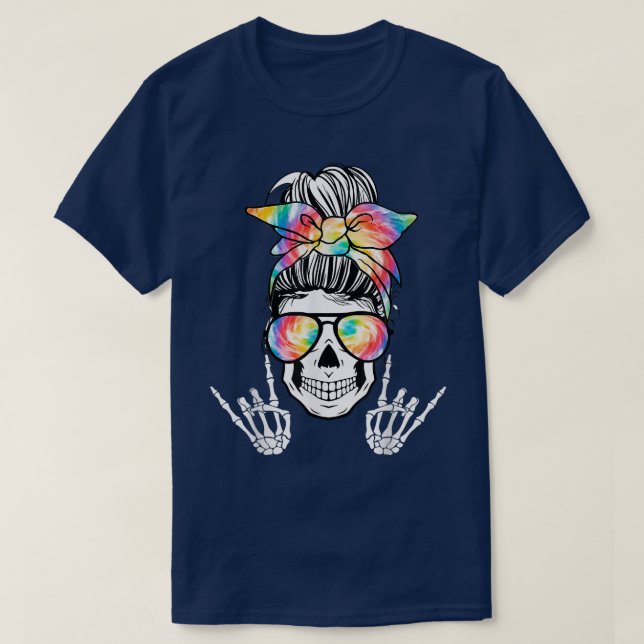 Tie Dye Messy Bun Hair Skeleton Haloween Rock N Ro T-Shirt (Design Front)