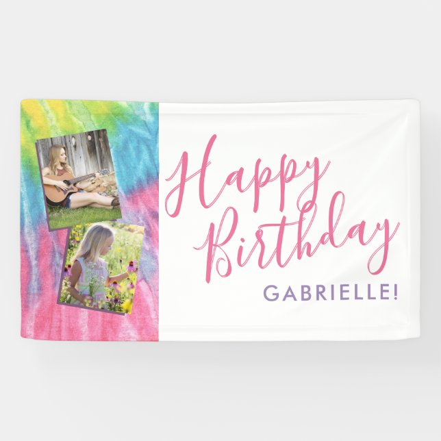 Tie Dye Modern Hippy Happy Birthday Photo Banner (Horizontal)