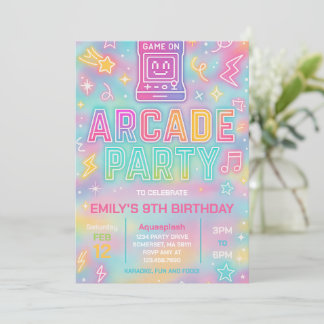 Tie Dye Neon Glow Arcade Party Birthday Invitation