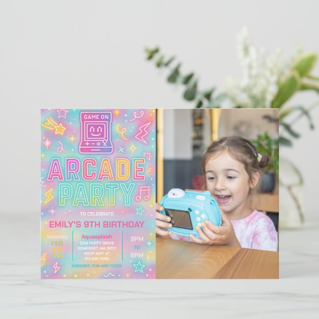Tie Dye Neon Glow Arcade Party Birthday Photo Invitation (Standing Front)