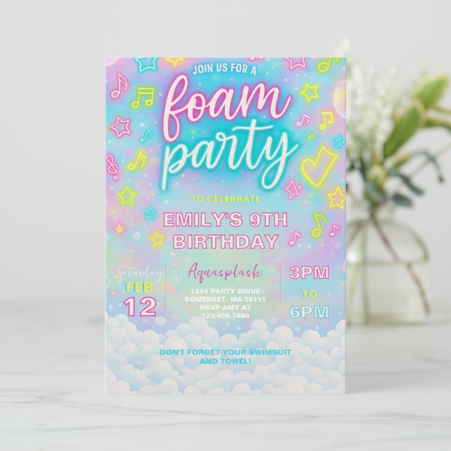 Tie Dye Neon Glow Foam Birthday Party Invitation (Standing Front)