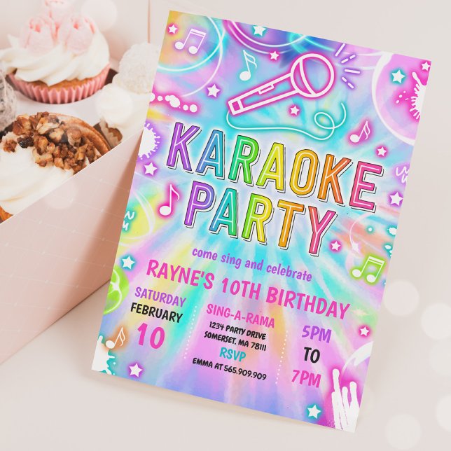 Tie Dye Neon Karaoke Singing Music Birthday Party Invitation (Creator Uploaded)