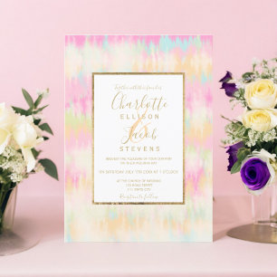 Tie dye pastel hippie chic gold script wedding invitation