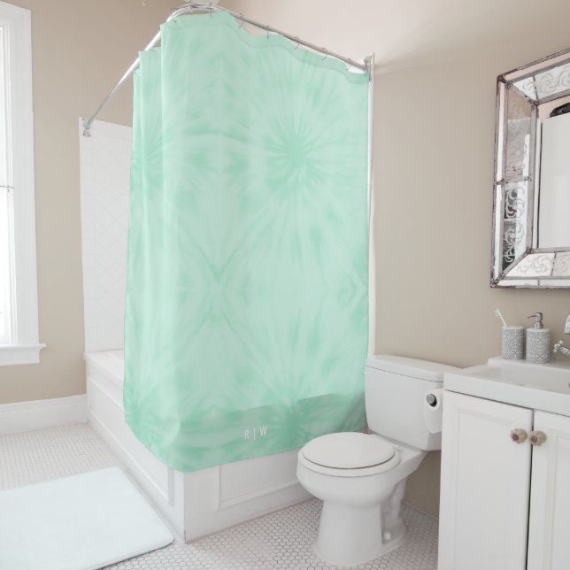 Tie Dye | Pastel Mint Green Monogram Shower Curtain (In Situ)