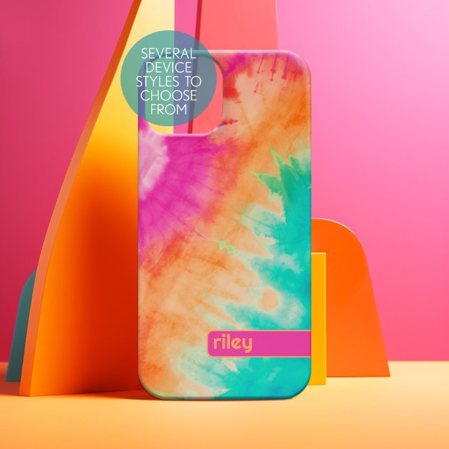 Tie Dye Pattern Hot Pink Orange Teal - custom name iPhone 15 Case (Personalized Phone Case)