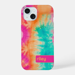 Tie Dye Pattern Hot Pink Orange Teal - custom name iPhone 15 Case