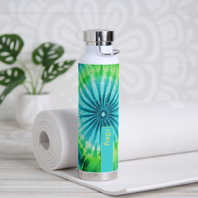 Tie Dye Pattern Lime Aqua Teal - custom name Water Bottle (Yoga)