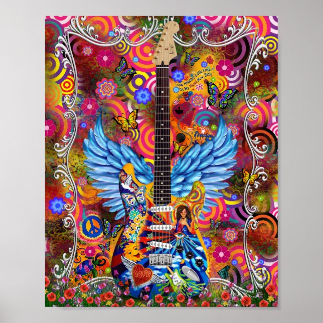 Tie dye, peace, love, guitars Janis Tribute Poster (Front)