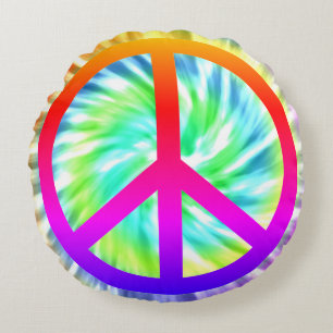 Tie Dye Peace Sign Design Round Pillow