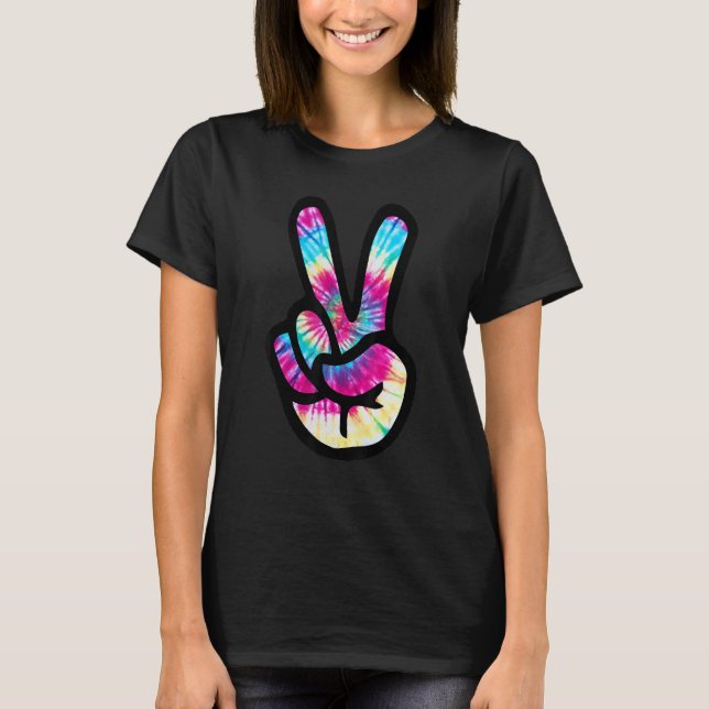 Tie Dye Peace Sign Hand  Hippies V s T-Shirt (Front)