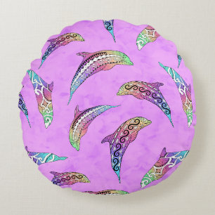 Tie Dye Pink Marine Animals Dolphins Marlins Round Cushion