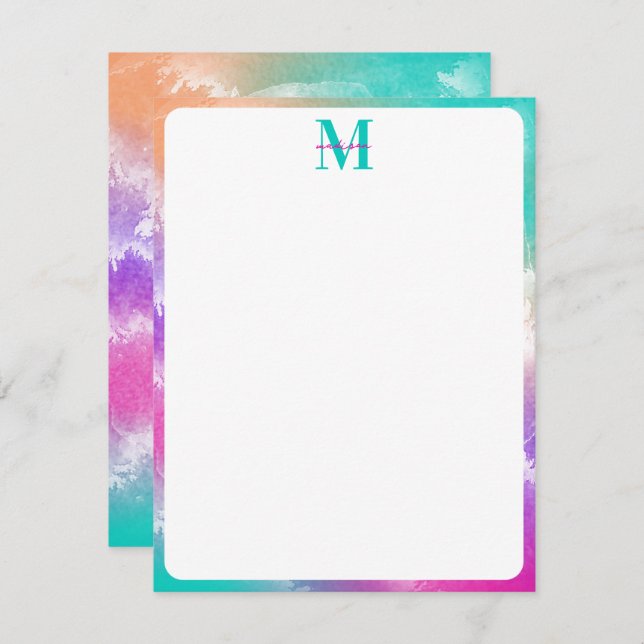 Tie Dye Pink Orange Teal Purple Monogram Card (Front/Back)