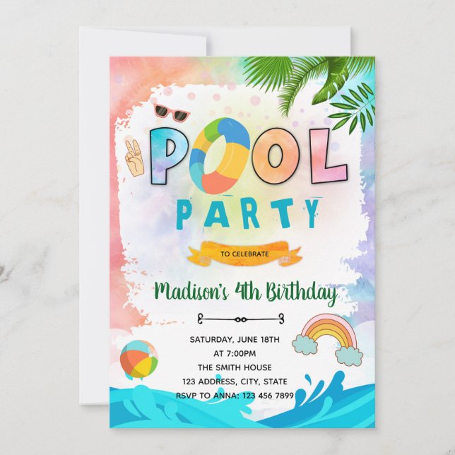 Tie dye pool birthday invitation (Front)