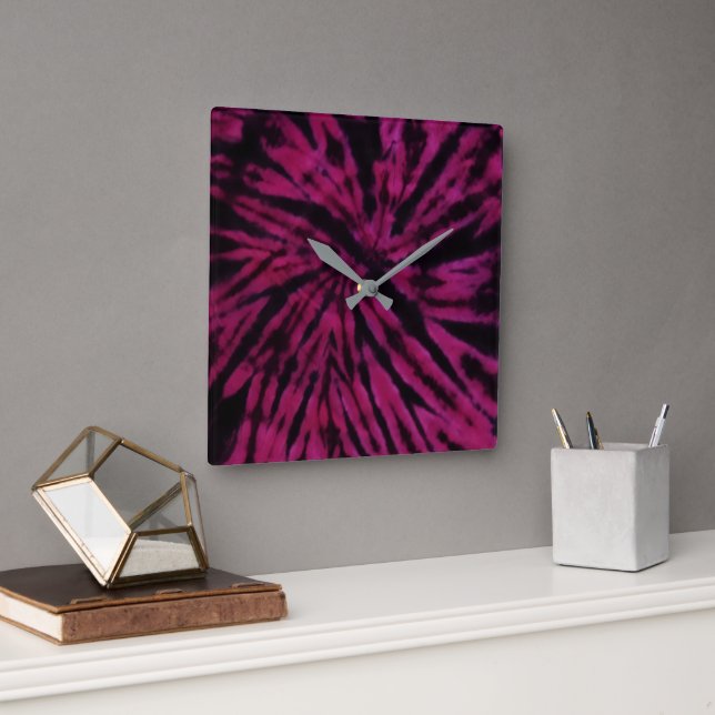 Tie-Dye Purple Pink Black Hippie Retro Pattern  Square Wall Clock (Office)